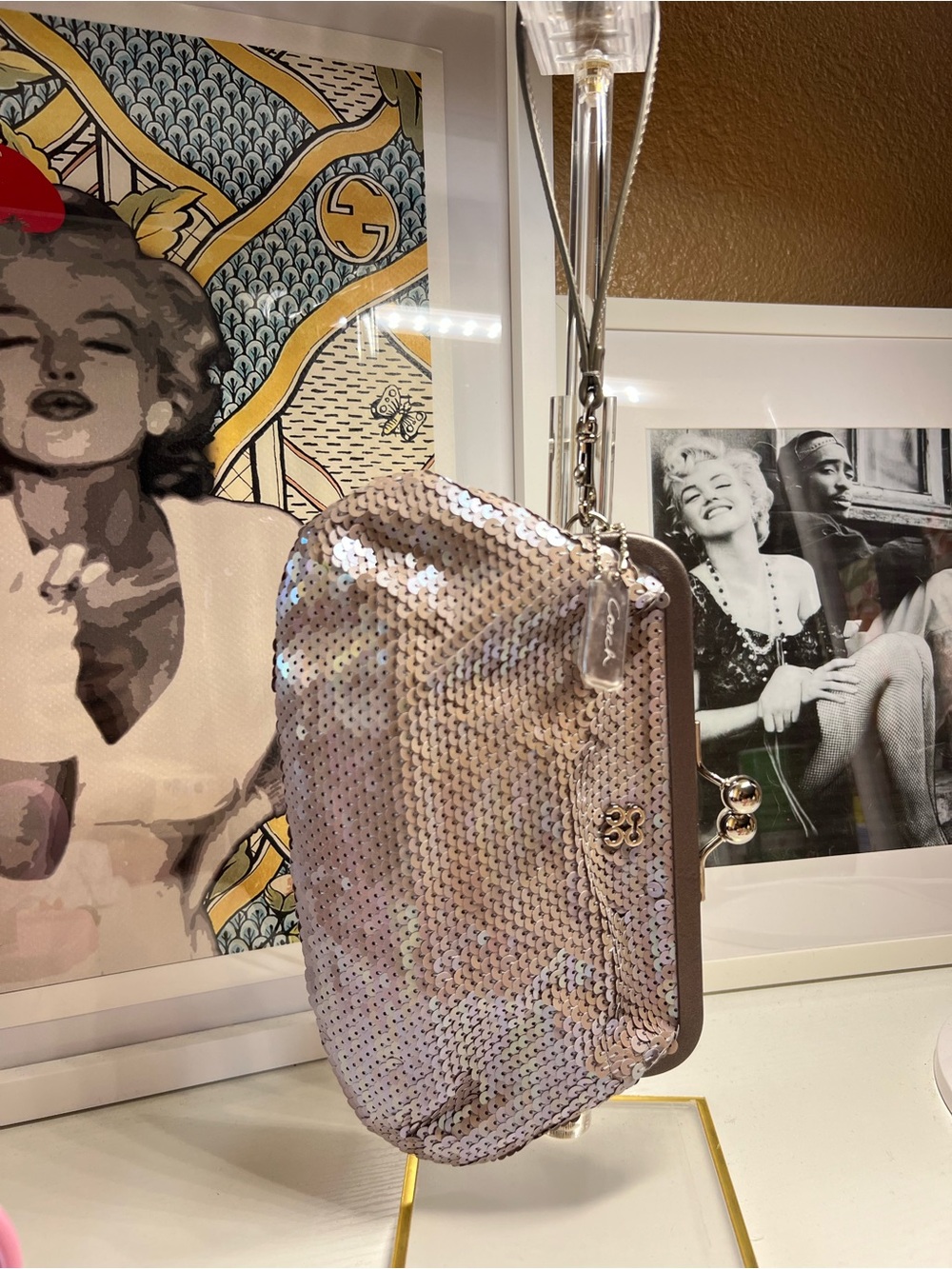COACH Julia Sequins Kiss Lock Leather Clutch Wristlet